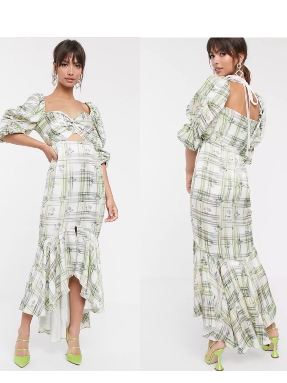 ASOS country Green Plaid Cutout Maxi Dress with Puff Sleeves size 6